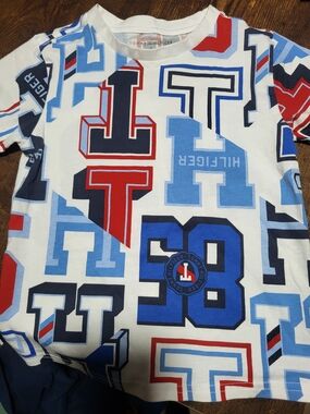 Tommy Hilfiger White Tee with Red, Navy & Light Blue Graphic Letters